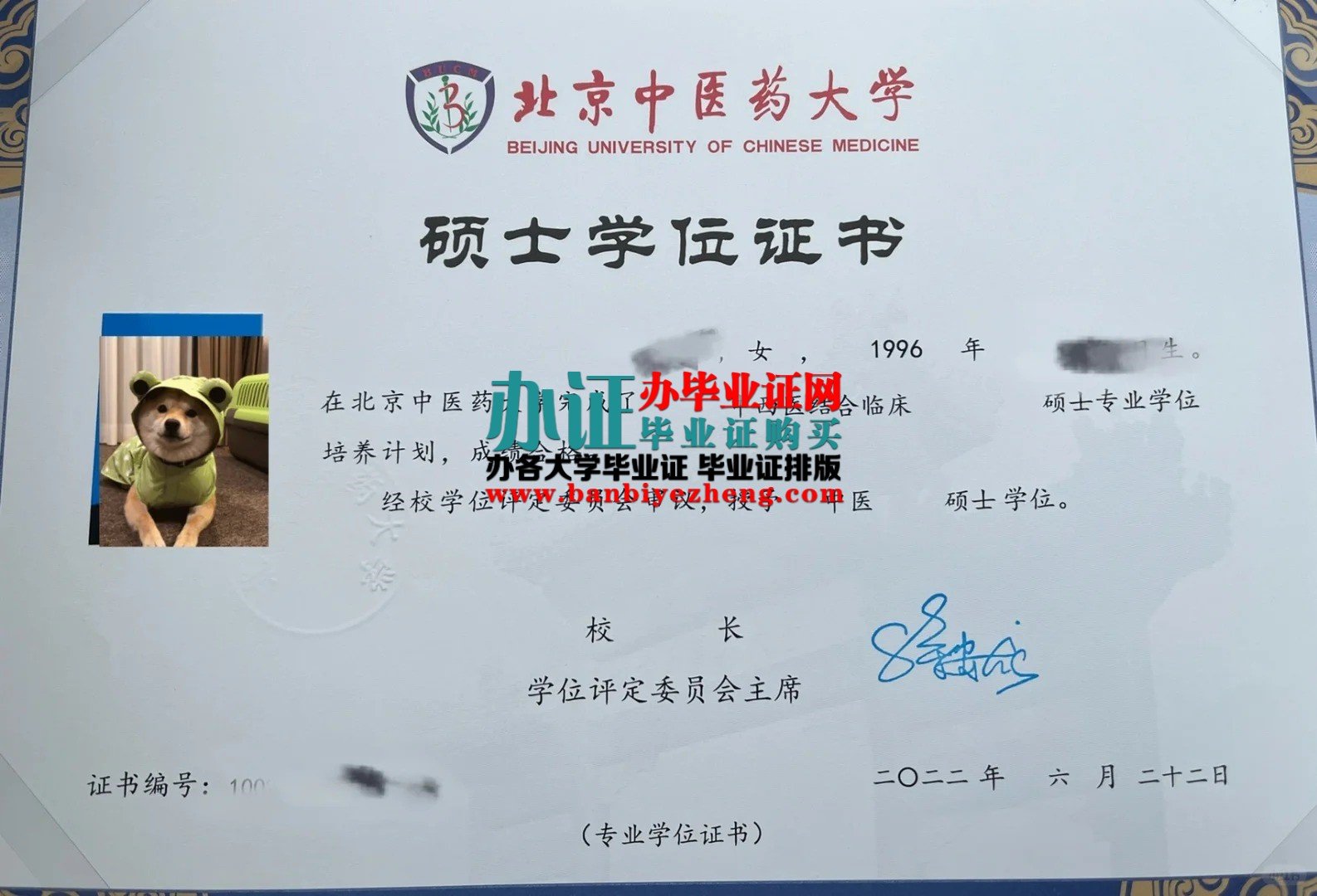 北京中医药大学硕士学位证样本