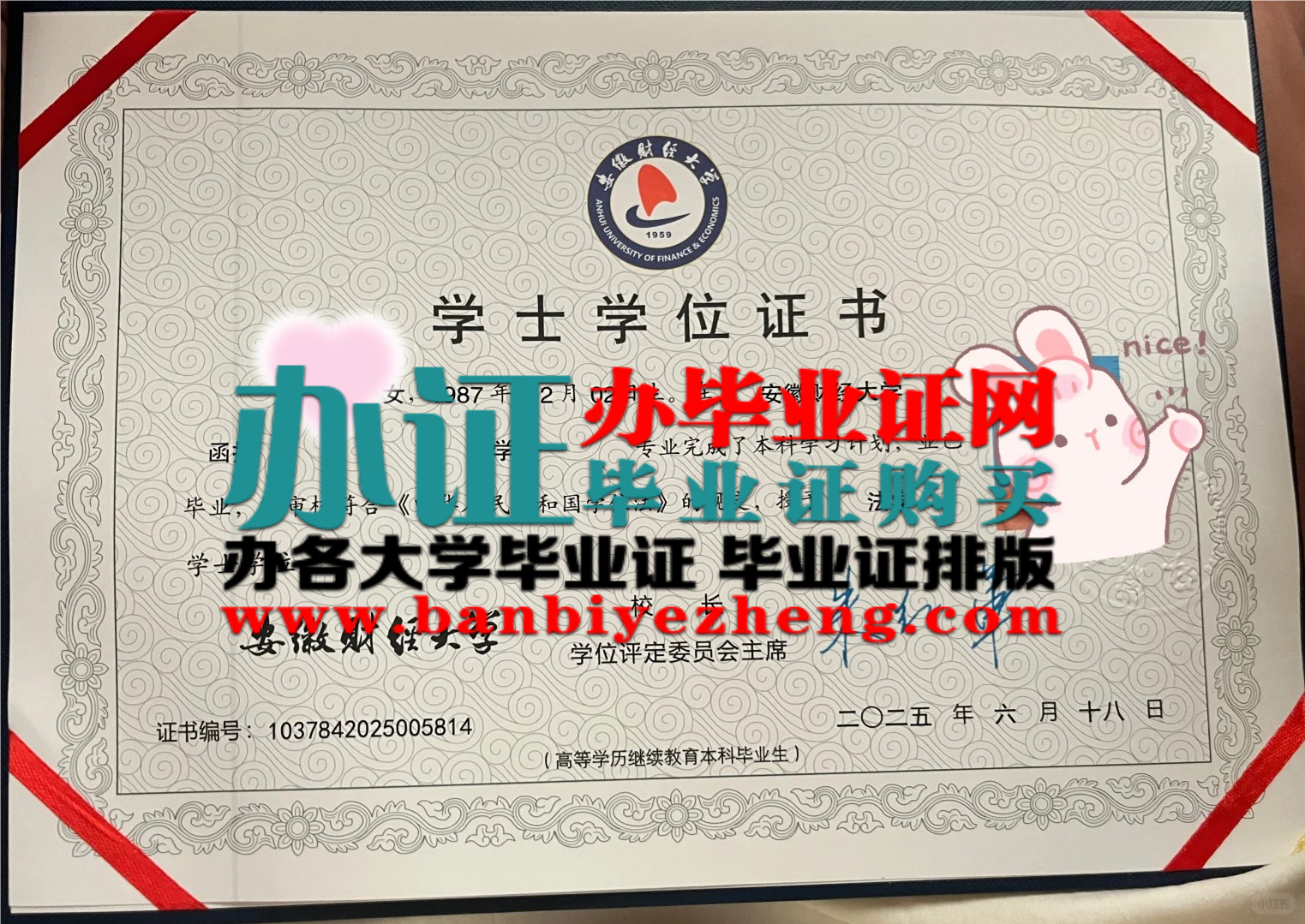 2025年最新安徽财经大学学士学位证高清图