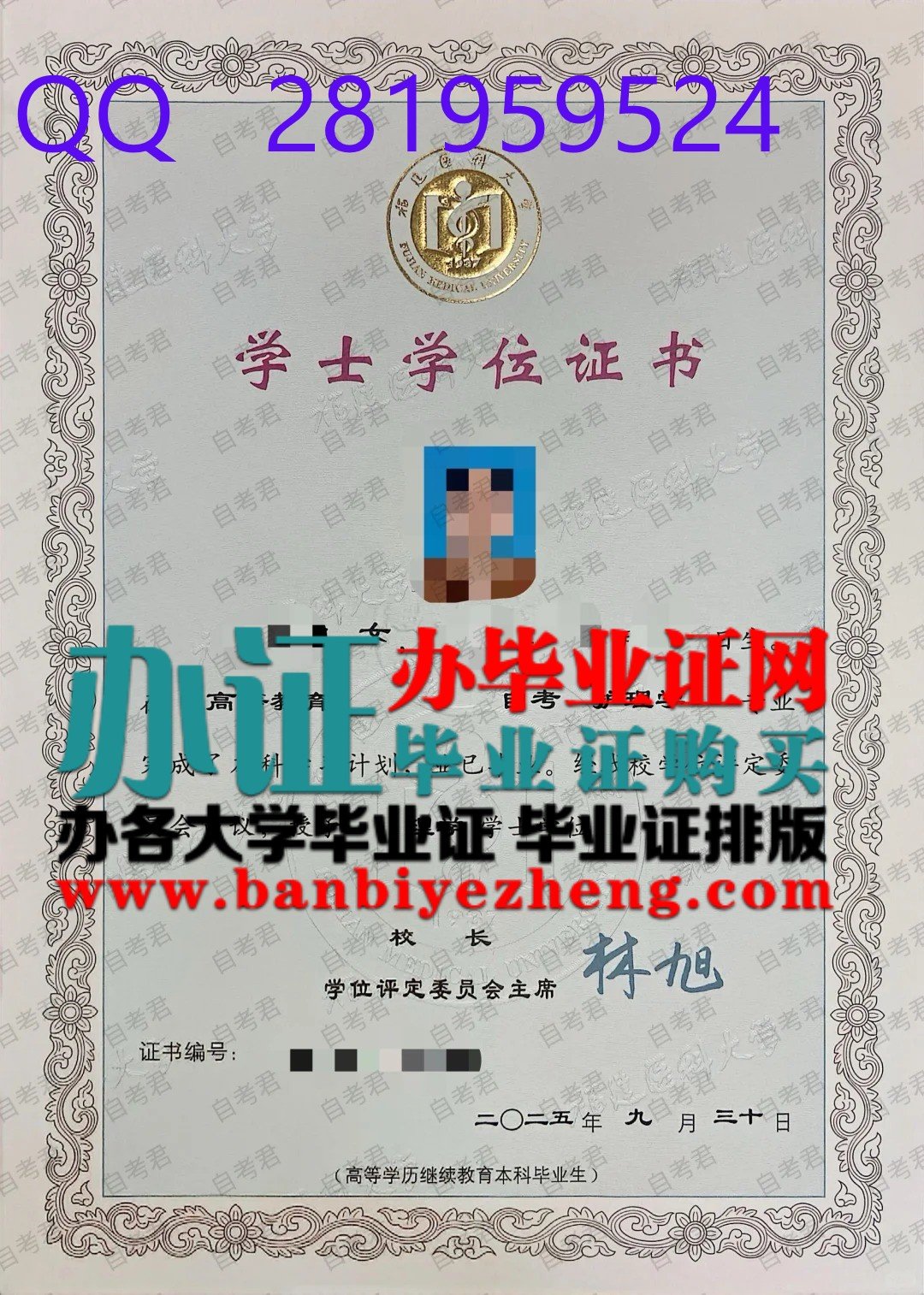 福建医科大学学位证高清样本