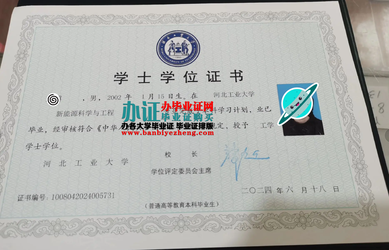 河北工业大学学士学位证样本