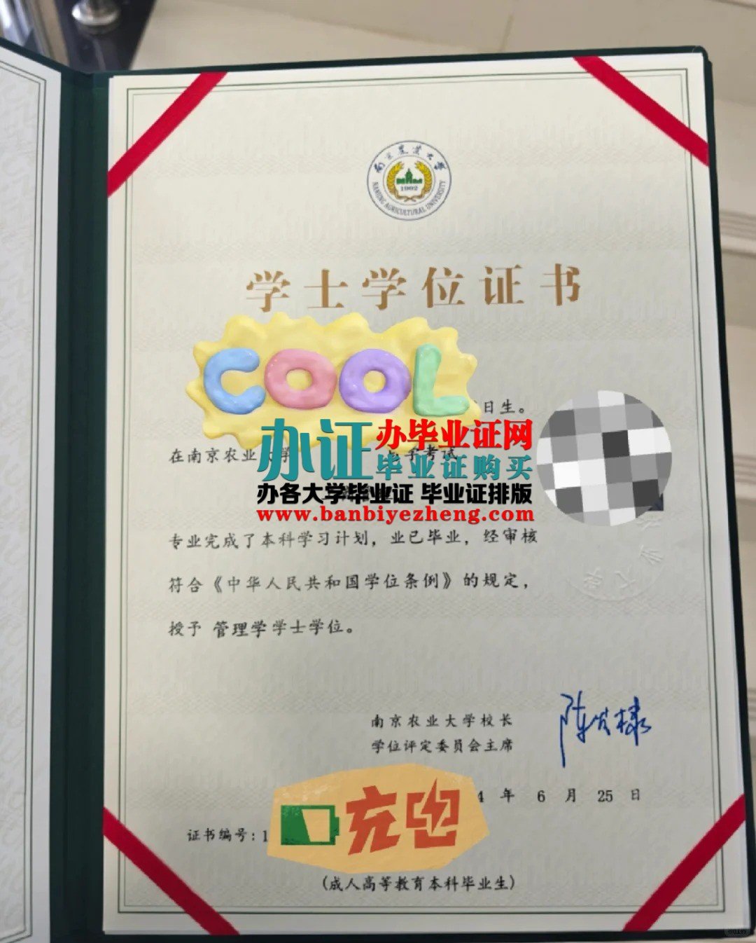 南京农业大学学士学位证书样本