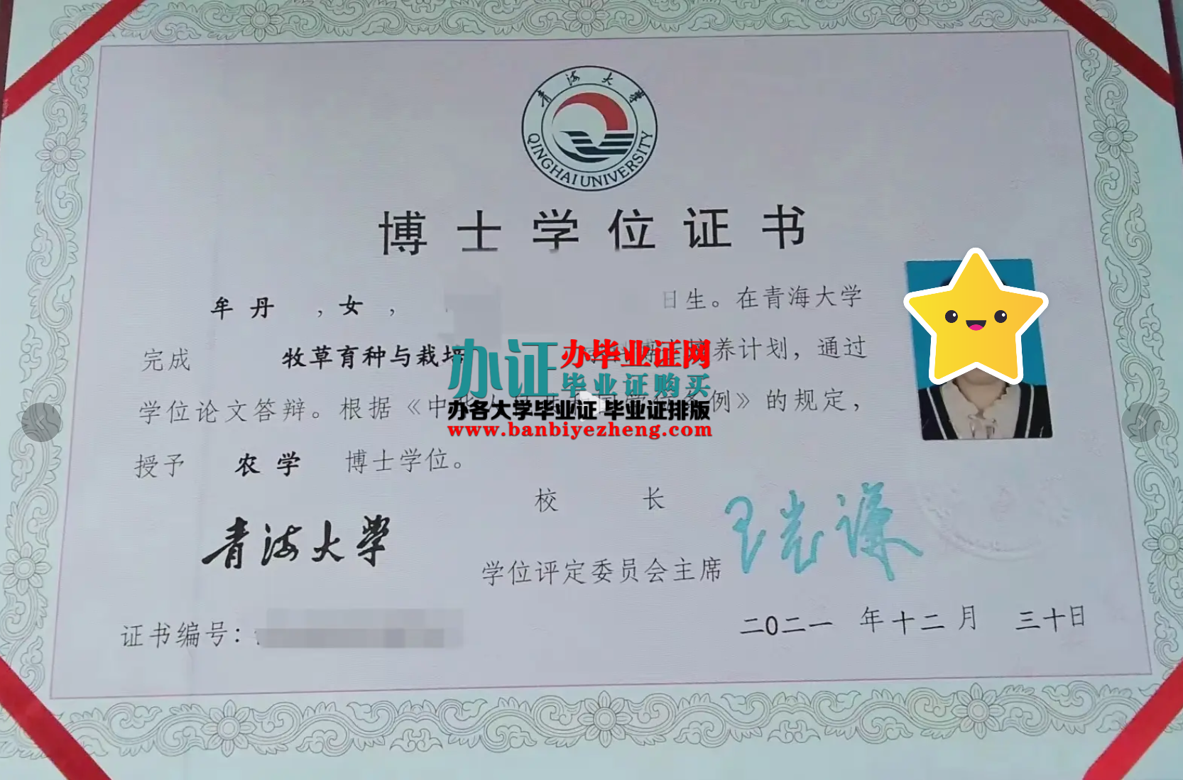 青海大学博士学位证老版样本