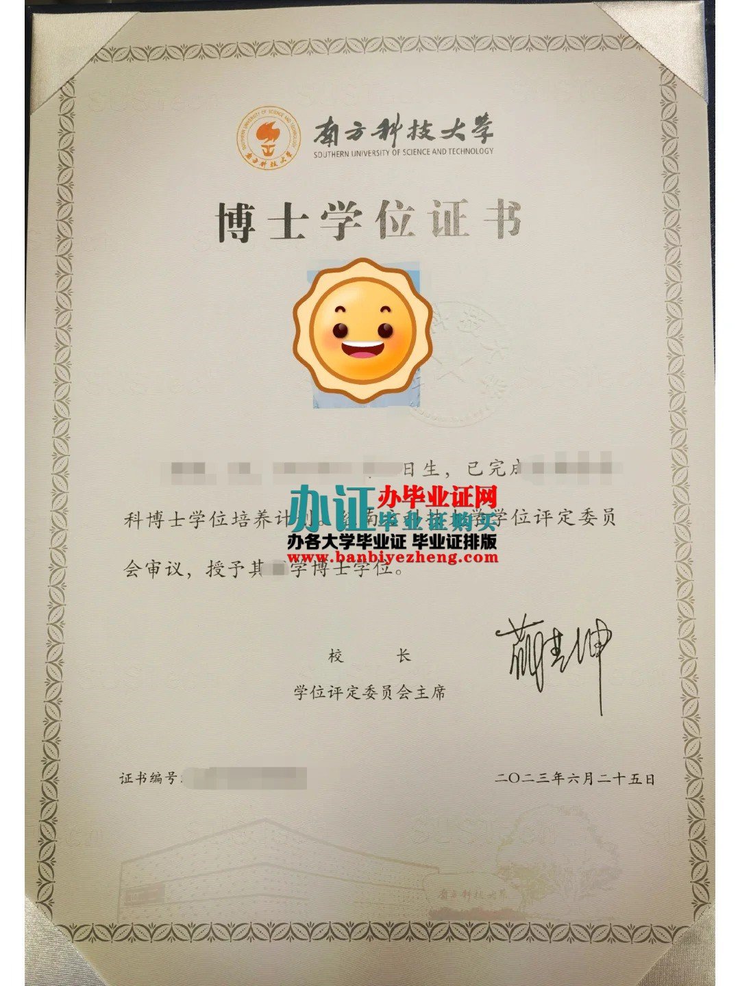 南方科技大学博士学位证样本