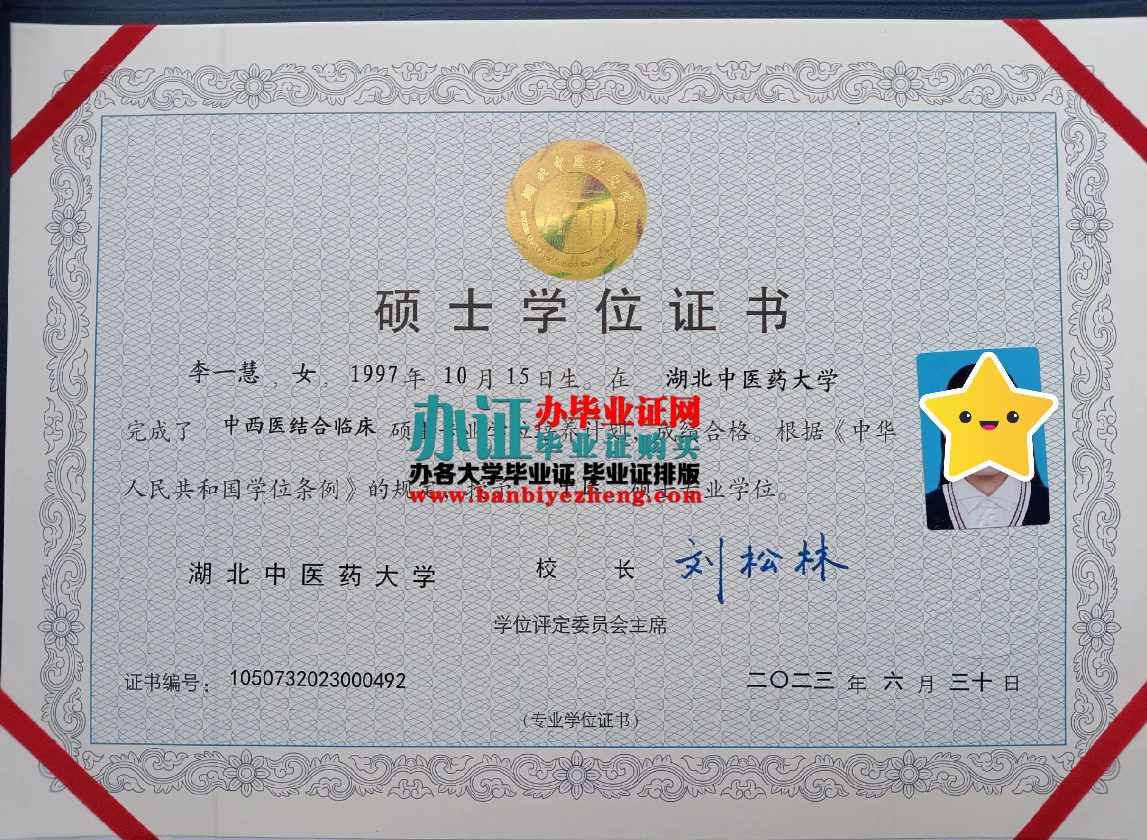 湖北中医药大学硕士学位证高清样本