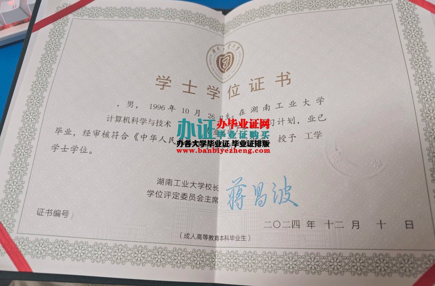 湖南工业大学学士学位证样本