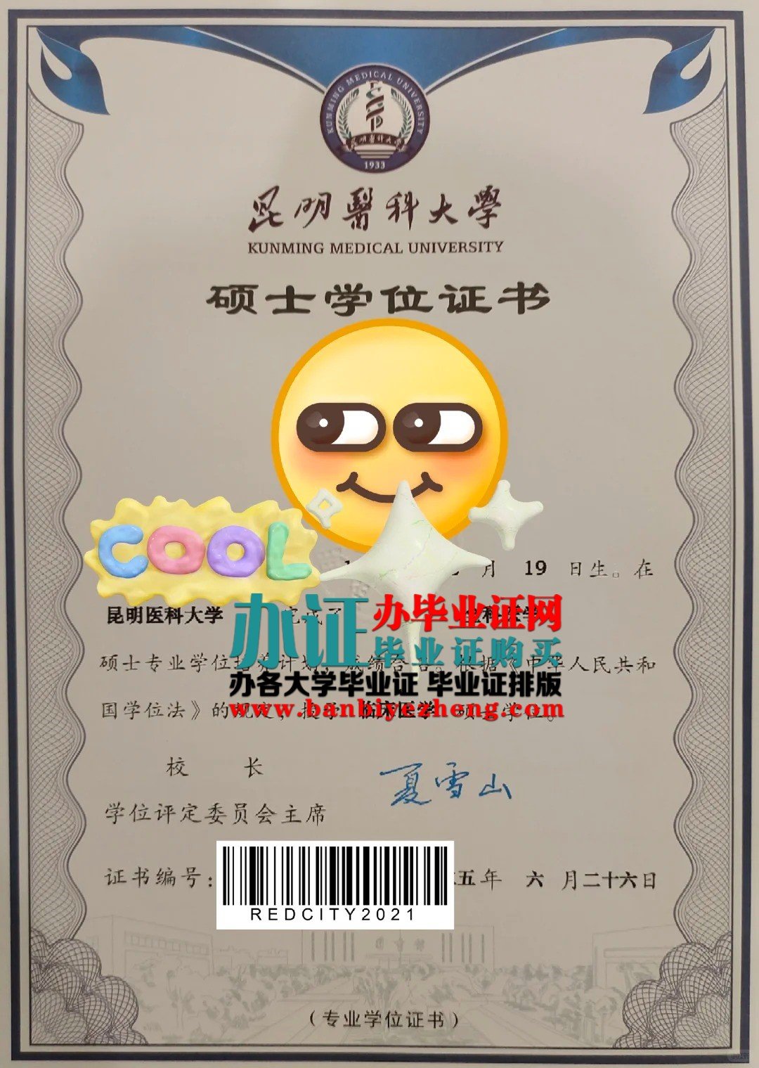 昆明医科大学硕士学位证高清样本
