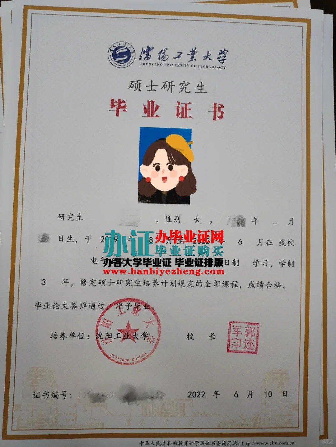 沈阳工业大学硕士研究生专版毕业证样本