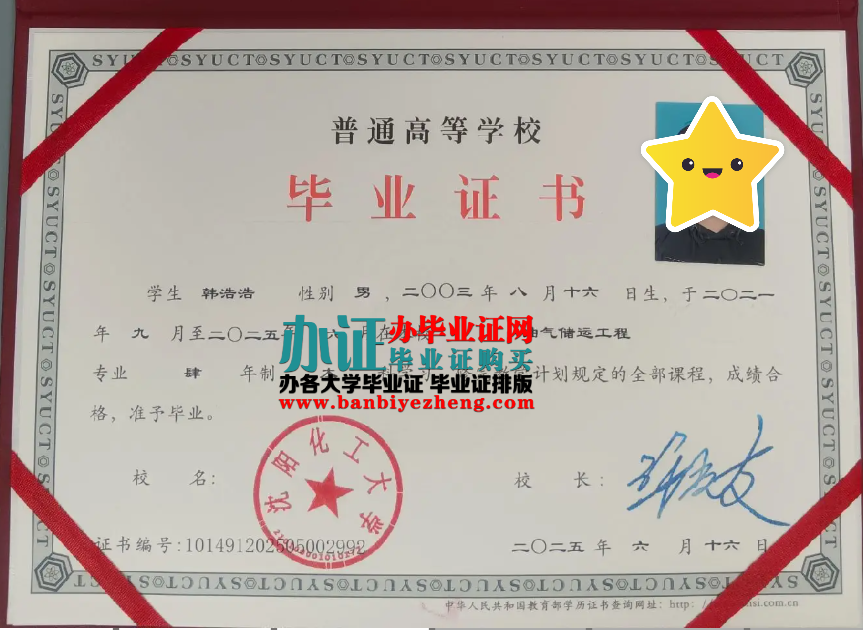 沈阳化工大学2025年最新版本科专版毕业证样本