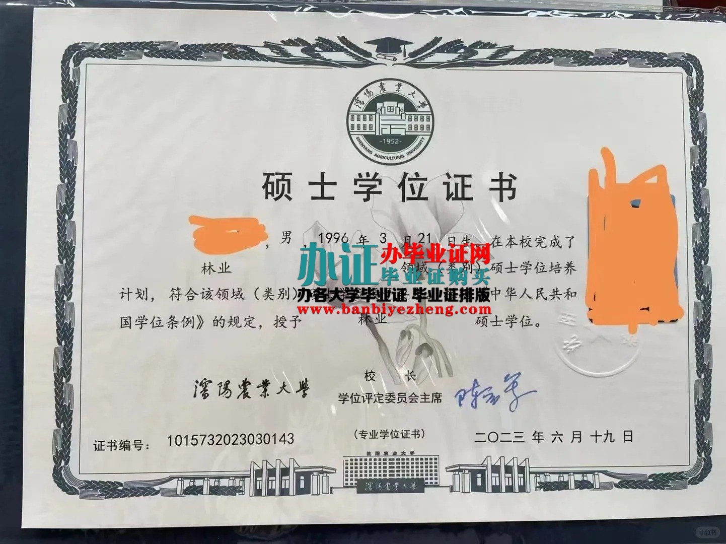 沈阳农业大学硕士学位证样本