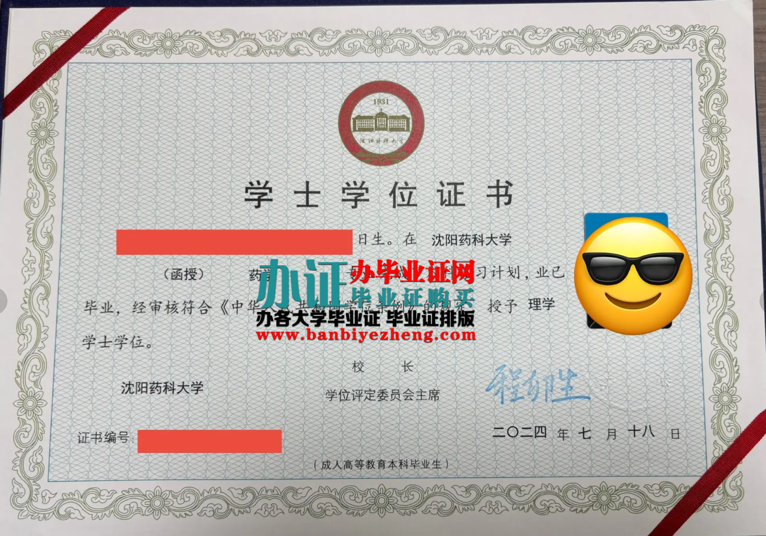 沈阳药科大学学士学位证样本