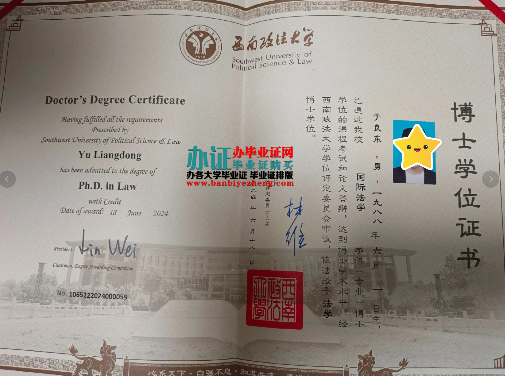 西南政法大学博士学位证高清样本