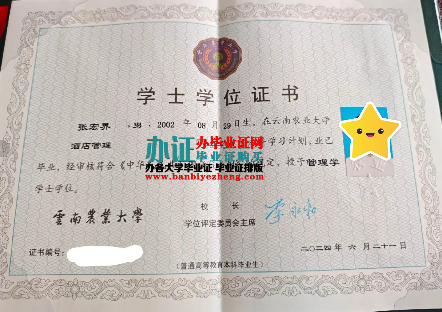 云南农业大学学士学位证样本