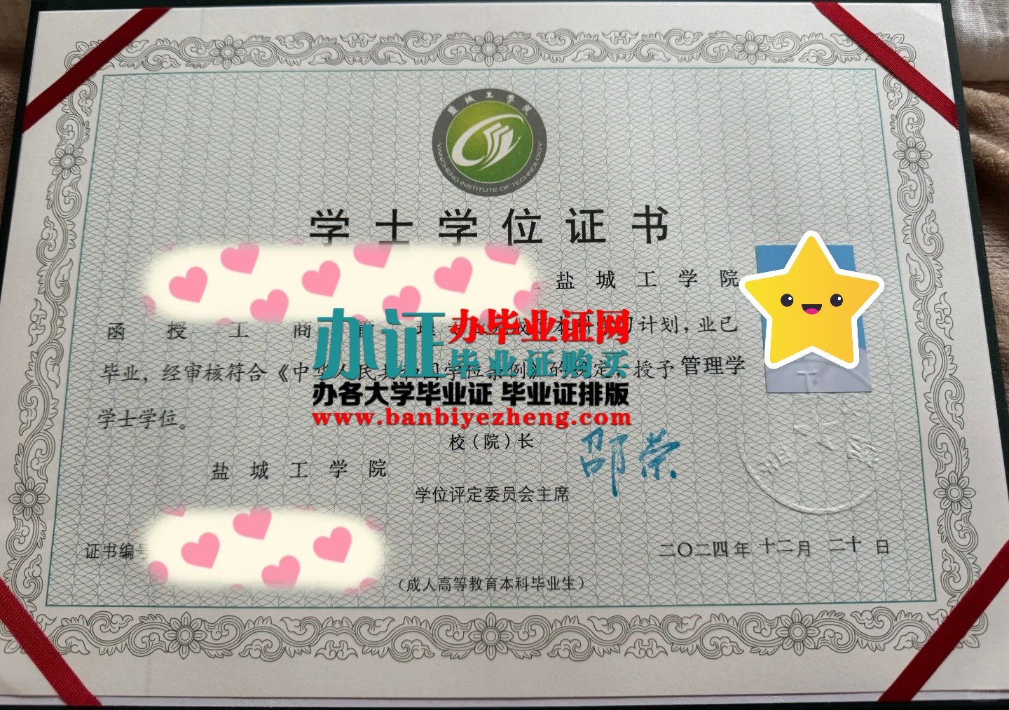 盐城工学院学士学位证高清样本